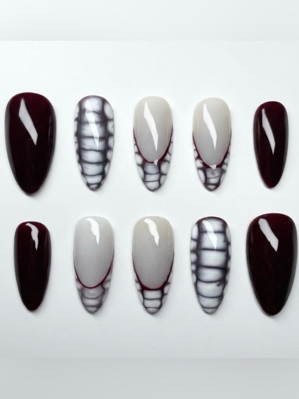 Marble Fade Press-On Nails in Gray and Deep Burgundy
